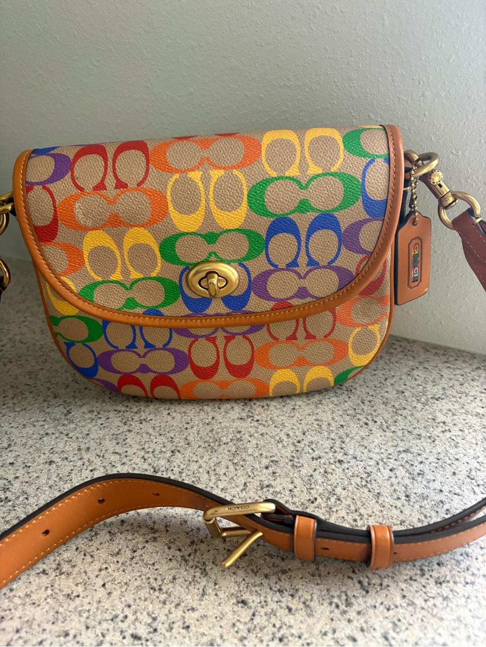 Coach Multicolor Rainbow Signature Canvas Crossbody with Tan Trim